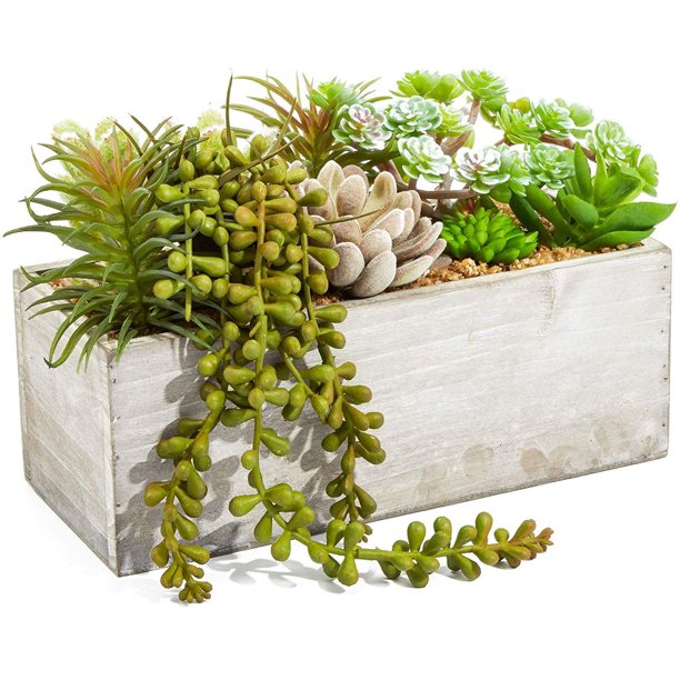 Artificial Mixed Succulent Plants in Rectangular Wooden Planter Box (9
