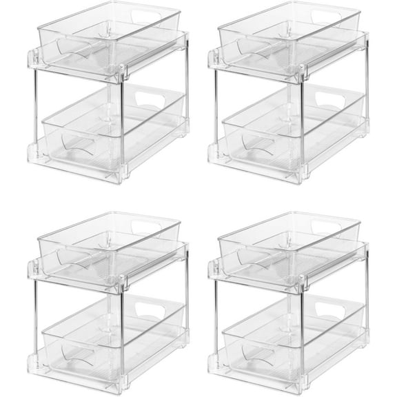 4 Pack Clear Bathroom Organizers and Storage, 2 Tier Pull Out Under Sink Cabinet Organizer Plastic Drawer Organization and Storage for Bathroom and Kitchen