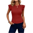 thumbnail image 2 of ClodeEU Women's Crew Neck Ruffle Cap Sleeve T-Shirt,Fitted Ribbed Knit Basic Slim Top Red,Women's Plus XXL, 2 of 7