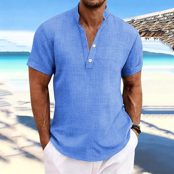 Vmvidoty Fashion Men Casual Solid Short Sleeve Stand-up Collar Button Shirt Tops Blue M