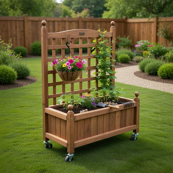Topcobe 32" Wood Planter Box with Trellis Mobile Raised Bed for Climbing Plant, Planter Box Outdoor, Garden Boxes Outdoor Raised