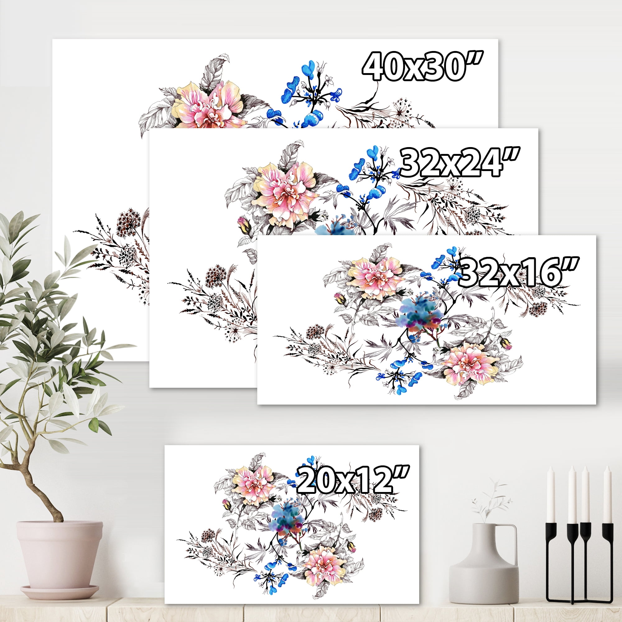 Pink and Blue Wildflowers 8 in x 12 in Painting Canvas Art Print, by Designart