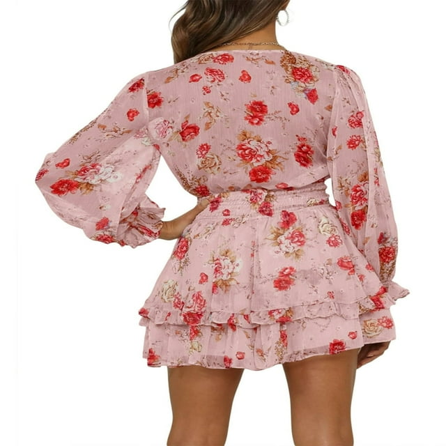 PENGXIANG Femmes Printemps Casual Mini Robe Florale Imprimé Profond V-Cou Cravate Robe Douce Manches Longues Robe de Mode Robe