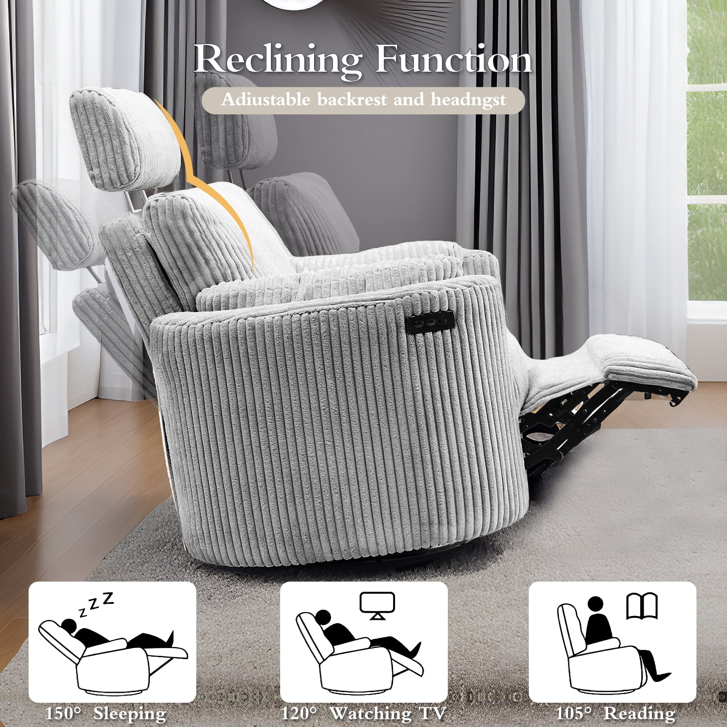 Cynefin Power Recliner Swivel Rocking Nursery Glider Rocker Chair with Headrest, USB and Type-c Port, Corduroy Electric Reclining Sofa Chair Arm Chair for Living Room