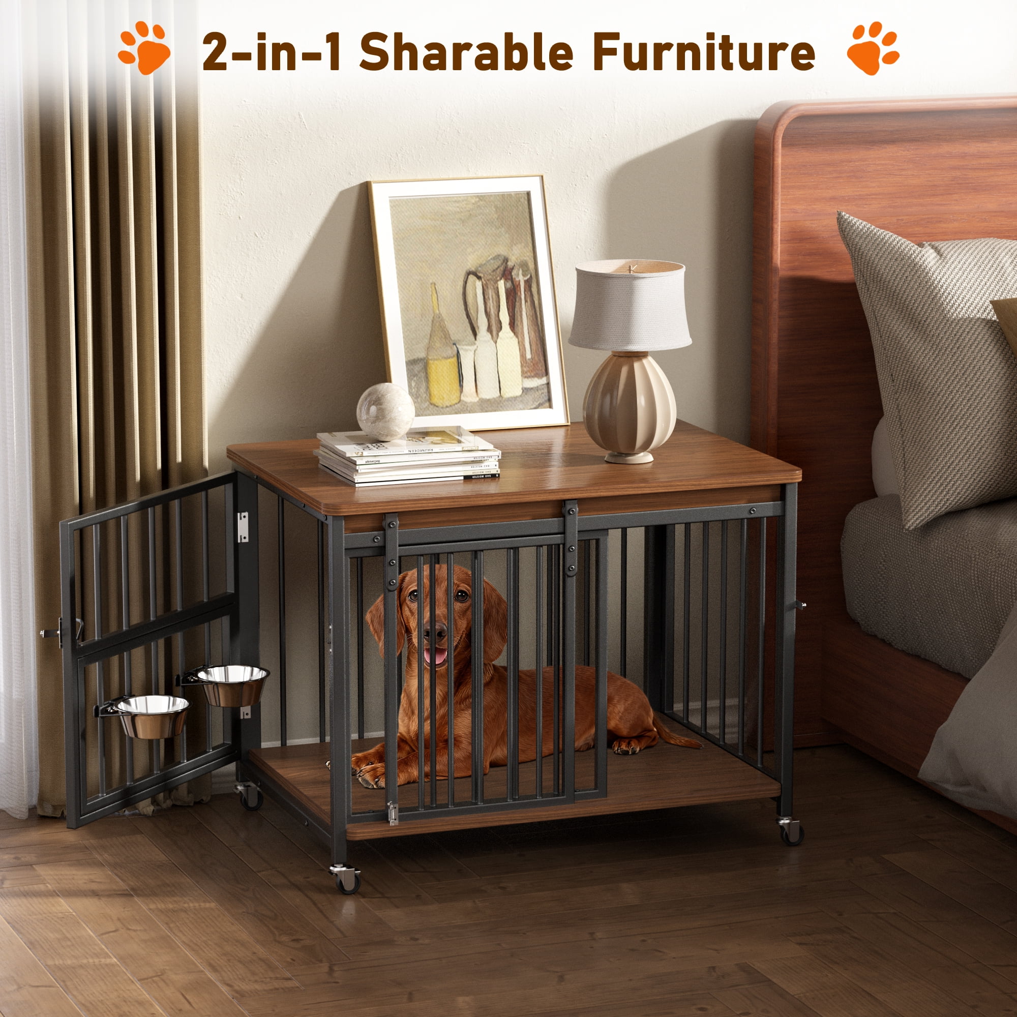 Cofiyard Dog Crate Furniture, 32" Wooden Dog Kennel Indoor with Sliding Front Door, Multi-Side Openings & Feeding Window Pet Cage House, Brown End Table, S