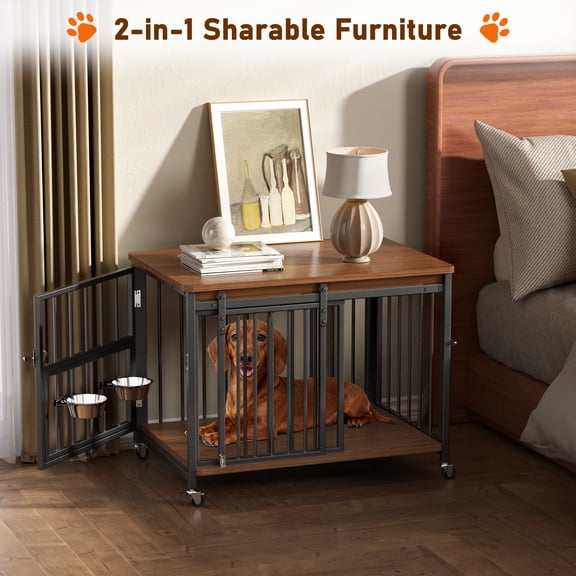 32" Wood Dog Crate Furniture, Large Indoor Dog Kennel with Sliding Lockable Doors,Multi-Side Openings & Feeding Window Pet Cage House,Heavy Duty End Table with Wheels,Brown,S