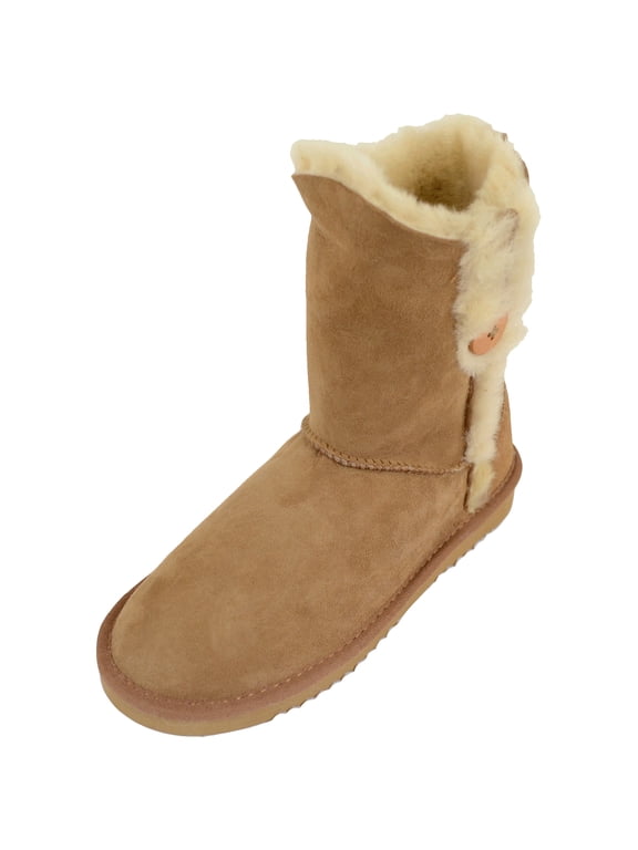 Ladies Genuine Sheepskin Mid Calf Short Boot with Button Design by SNUGRUGS - Chestnut - US 9