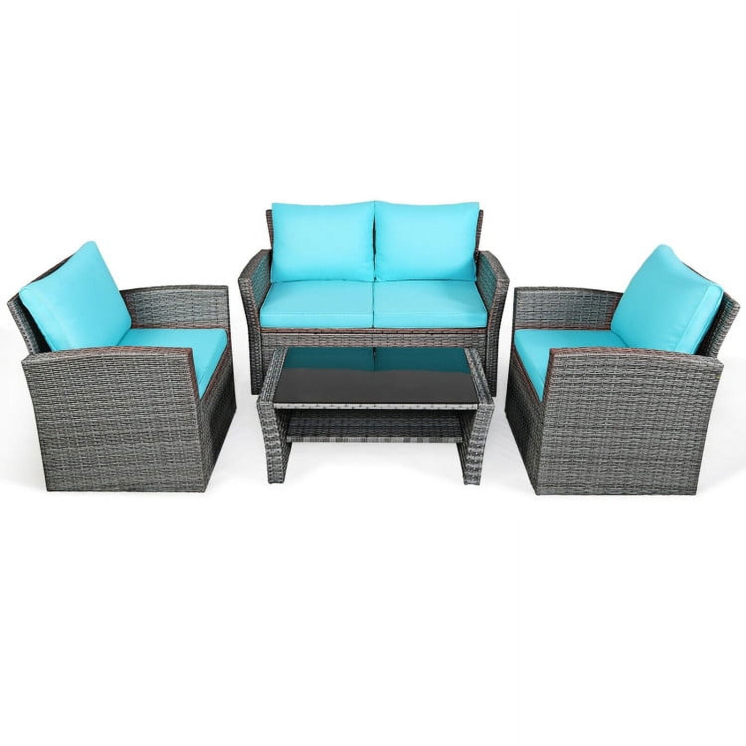 Aimee Lii 4 Pieces Wicker Patio Furniture Set Sofa Table with Storage Shelf Cushion, Modern Patio Furniture, Turquoise Aimee Lii 4 Pieces Wicker Patio Furniture Set Sofa Table with Storage Shelf Cushion, Modern Patio Furniture, Turquoise