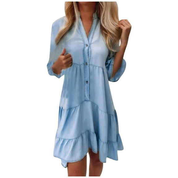 Women's Distressed Denim Midi Dress Casual Style Comfortable Stretch Fabric Flattering Fit Trendy 5/8 Sleeves