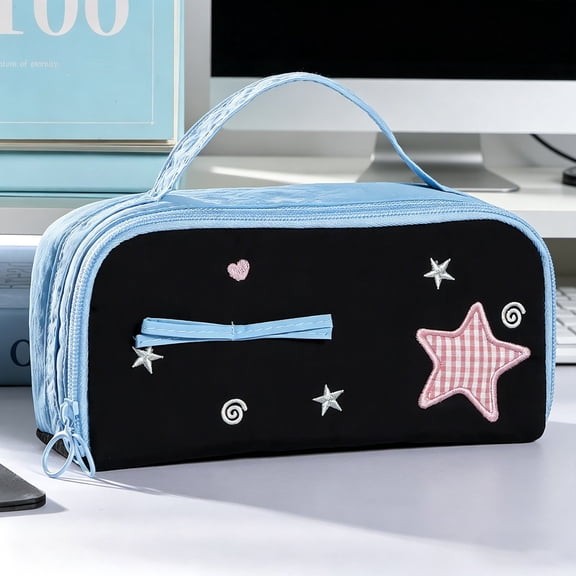 Hyknon Large Capacity Pencil Case Pen Pouch, Bow Star Pencil Holder with Handle, Cute Stationery Bag with Zipper, Portable Pen Pouch for Women Men Adult, Durable Storage Organizer for College, Black