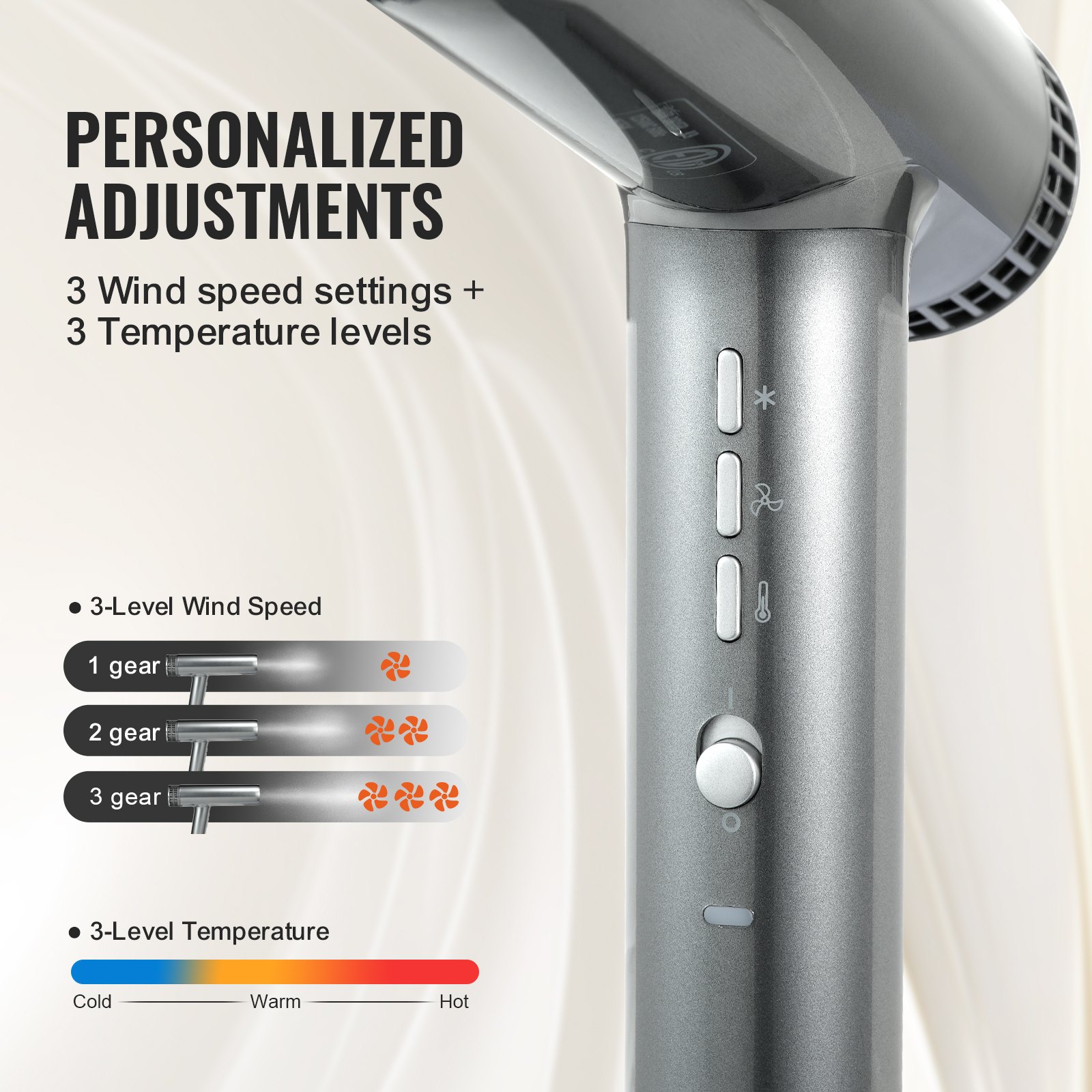 VEVOR Advanced Hair Dryer, 98000 RPM with 3 Million Negative Ions, 3 Temperature and Speed Settings, Professional Ionic Blow Dryer