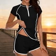 thumbnail image 1 of Traje de baño bikini de mujer de color liso sin espalda con tirantes, conjunto de bikini con bloques de color y hombros descubiertos Tanjini, traje de baño de nailon para mujer, 1 of 5