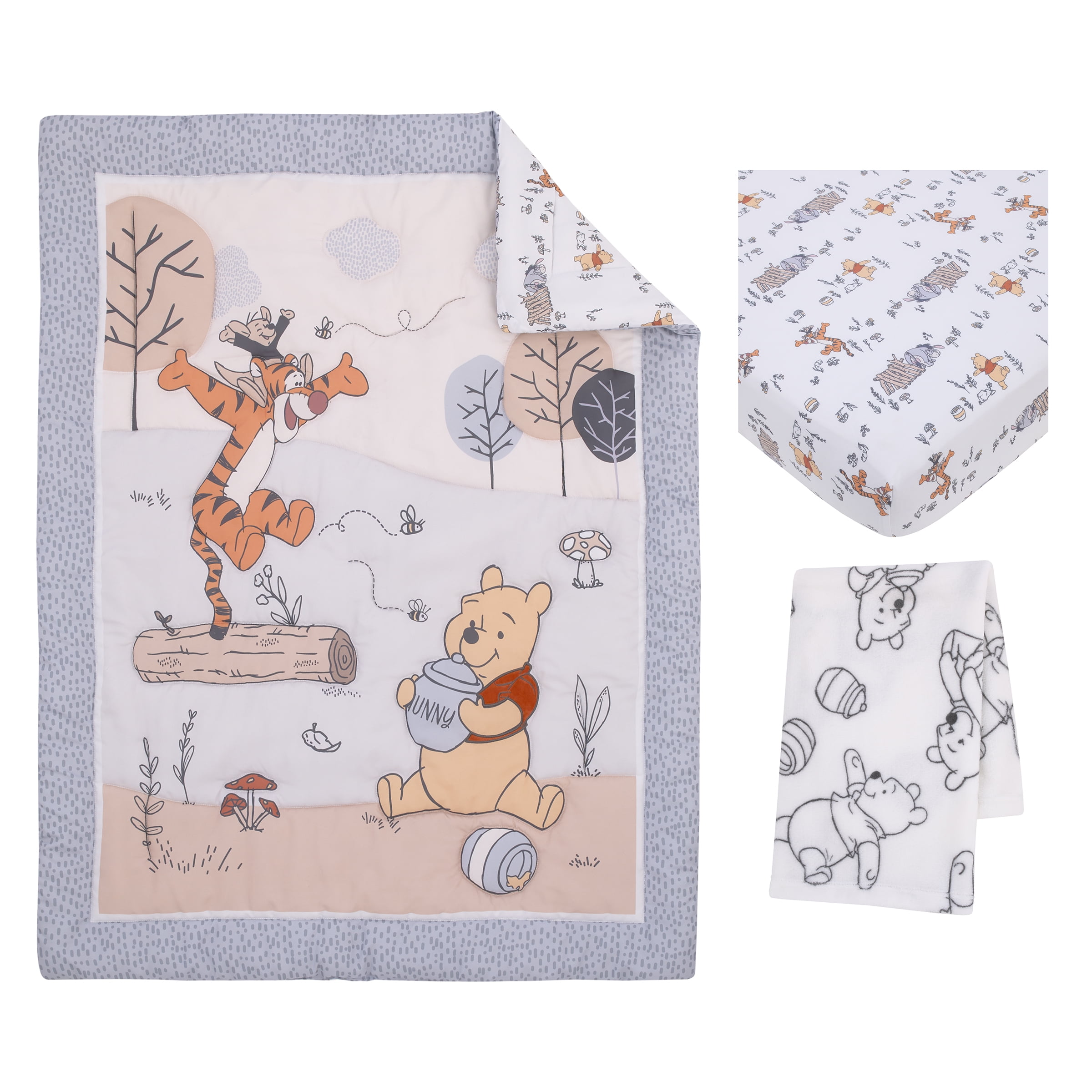 Disney Winnie the Pooh 3-Piece Crib Bedding Set, Gray, Comforter, Fitted Sheet, Blanket, Infant Boy or Girl