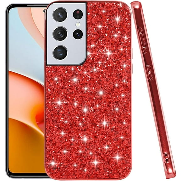 Compatible with Samsung S21 Ultra Case Glitter Shockproof, for Samsung Galaxy S21 Ultra Phone Case Bling Sparkly Soft TPU and PC Silicone Shiny Girl Women Thin Protective Cover (Red)