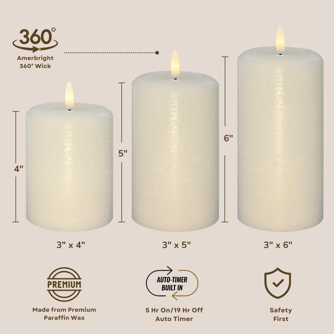LumiPur Flameless Candles, Flickering LED Battery Operated Wax Pillar Candle, Linen White, 3-Pack
