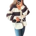 thumbnail image 3 of Women'S Loose Casual V-Neck Long-Sleeved Sweater Jacket Striped Contrast Lace-Up Knitted Cardigan Brown M, 3 of 10