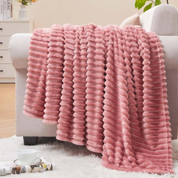 Fleece Throw Blanket for Couch – 3D Ribbed Jacquard Soft and Warm Decorative Fuzzy Cozy, Fluffy, Plush Lightweight Pink Blankets Bed, Sofa, 50x60 inches