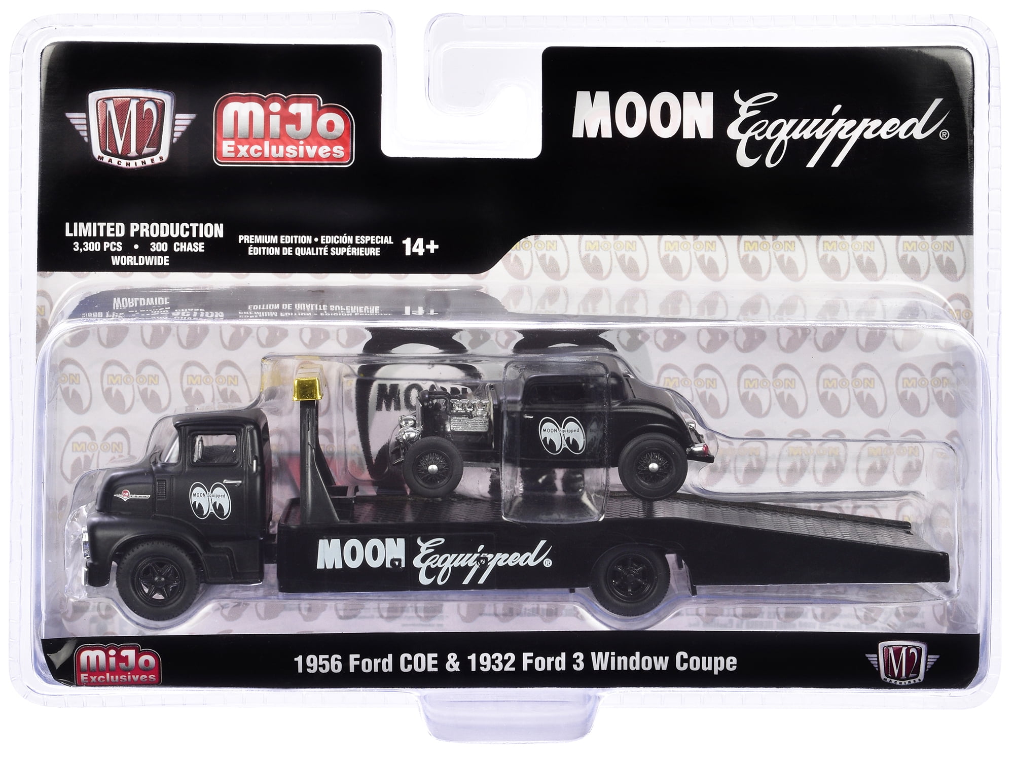 Diecast 1956 Ford COE Ramp Truck Matt Black and 1932 Ford 3 Window Coupe Matt Black "Mooneyes" Limited Edition to 3300 pieces Worldwide 1/64 Diecast Model by M2 Machines