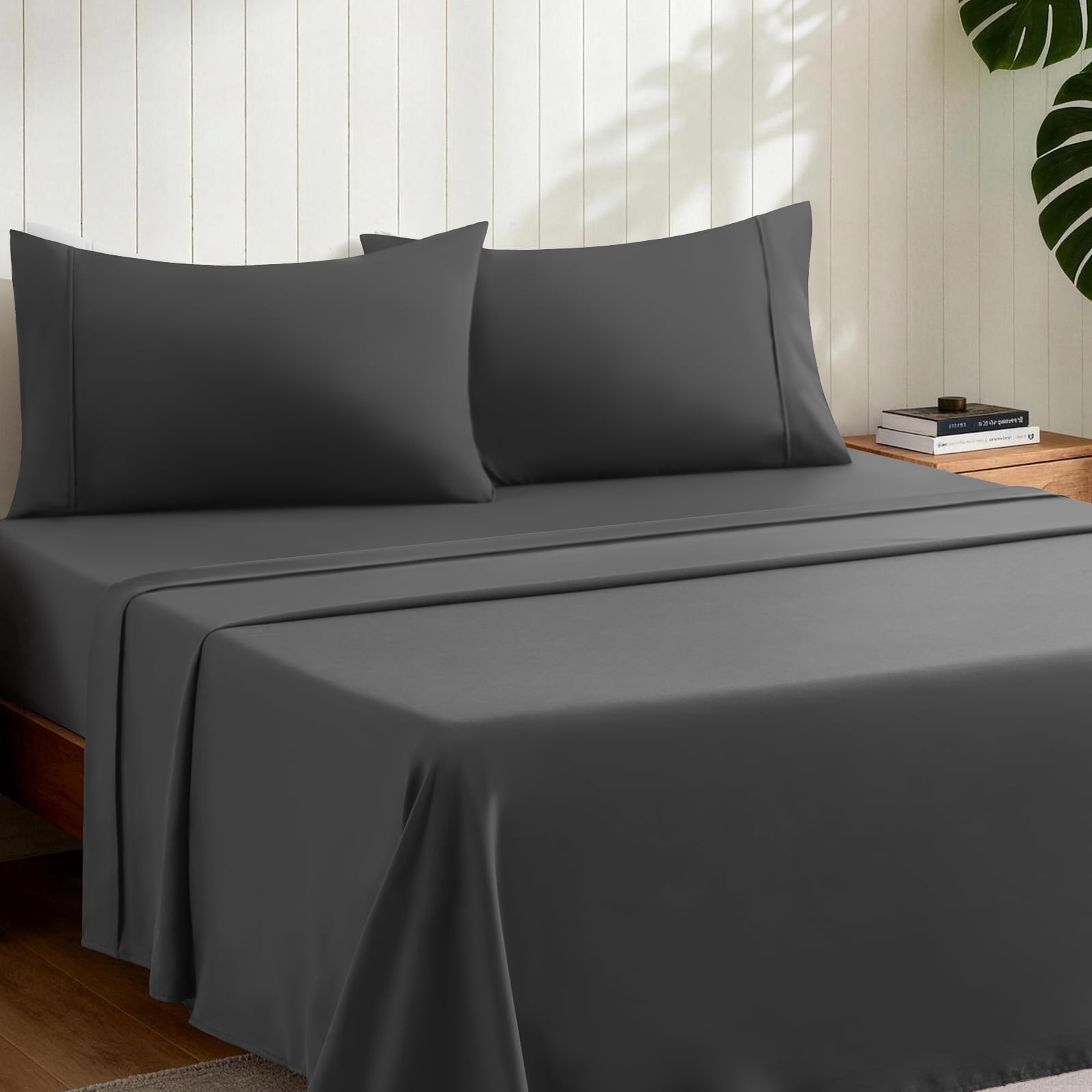 EMONIA Queen Bed Sheet Set 4-Piece with 14" Deep Pocket, Hotel Luxury Super Soft & Breathable Polyester Washed Cotton Fabric (Dark Gray)