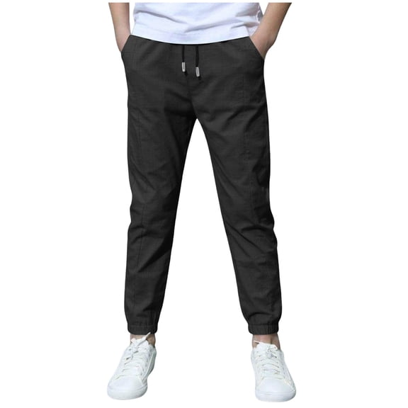 enyan Boys Linen Pants School Uniform Chino Pants Kids Drawstring Elastic Waist Pull on Twill Jogger Pants with Pockets Black,4-5 Years