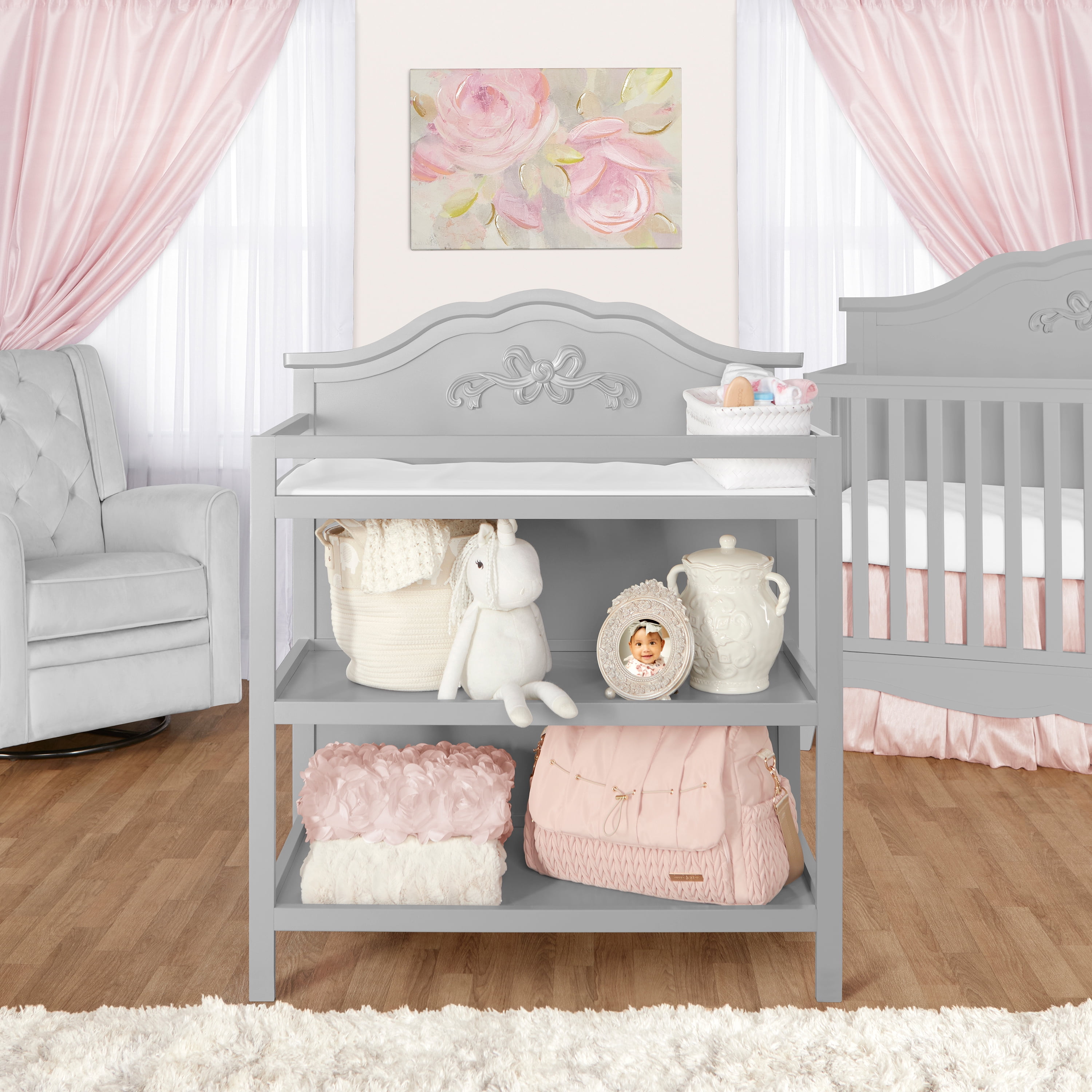 Dream On Me Jasmine Changing Table with Fixed Shelves, Platinum, 1" Mattress Pad, Safety Strap