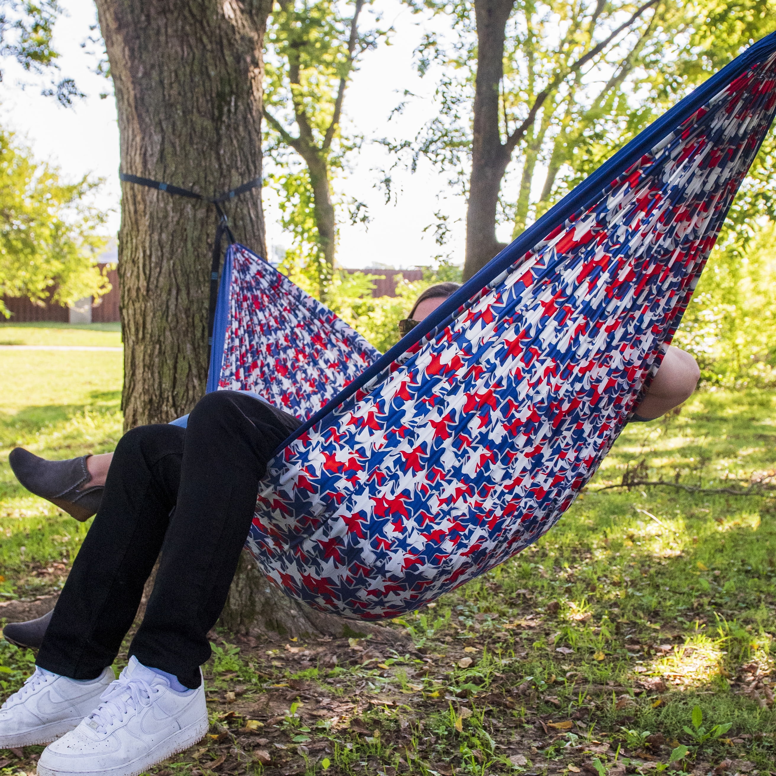 (2 pack) Equip Nylon Camping Travel Hammock, 2 Person, Americana Print With Navy Band, Size 124" L x 77" W