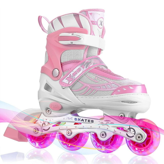 Hcn Inline Skates With Pu Flashing Wheel Aluminum Body In-line Skates With Size Adjustable With Led Flash Lights Set For Boys Kids And Girls Length For Age 8-16 Years (Pink)