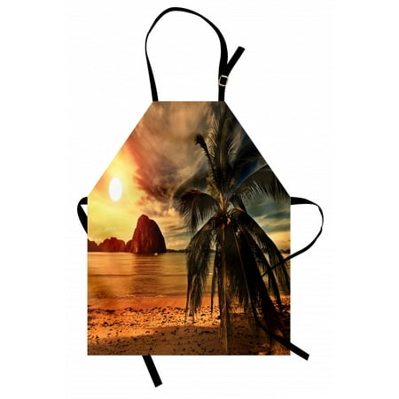 

Tropical Apron Exotic Beach with Coconut Palm Tree and Horizon Sunset Calm Panorama Unisex Kitchen Bib Apron with Adjustable Neck for Cooking Baking Gardening Orange and Olive Green by Ambesonne