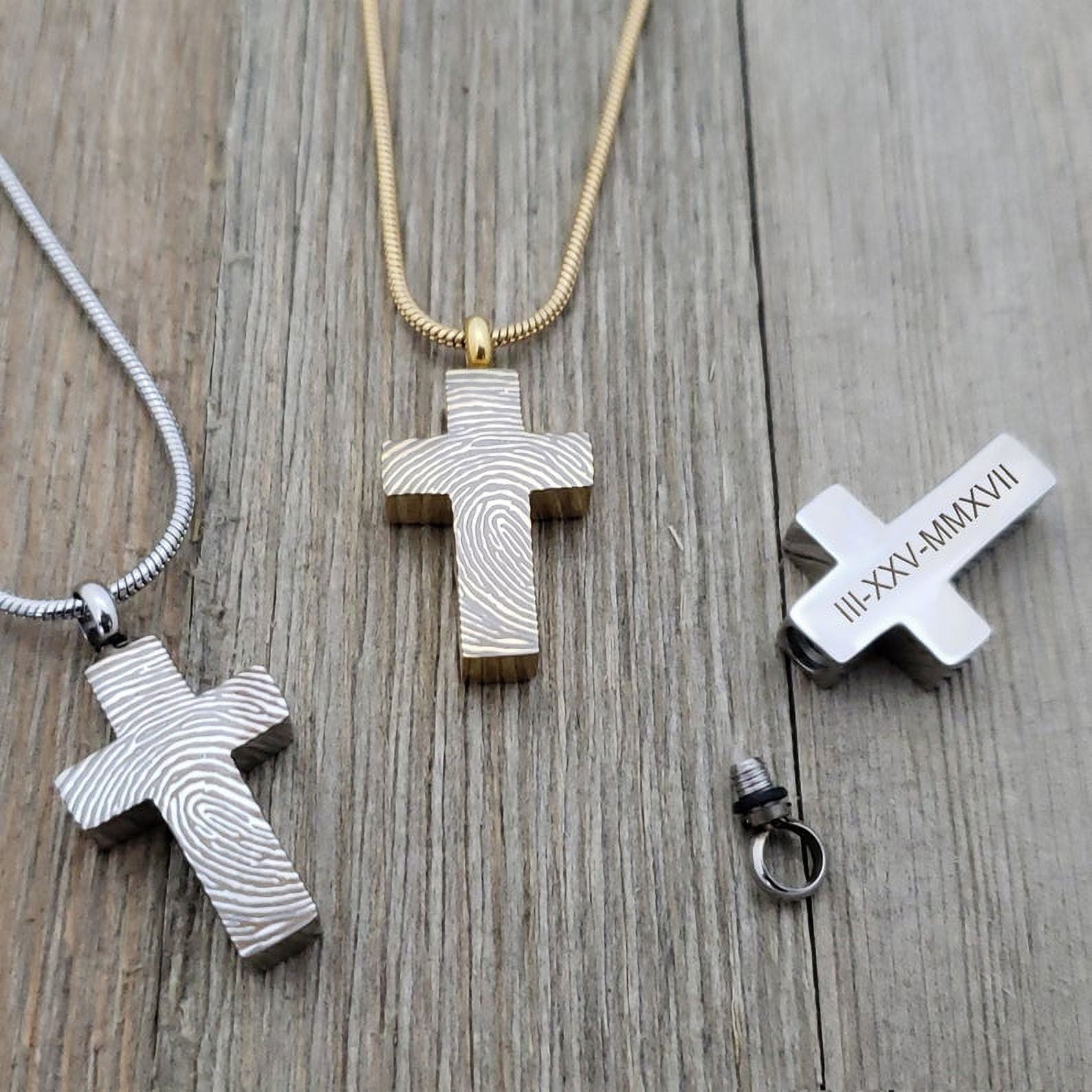 Personalized Silver Cross Cremation Necklace Fingerprint Memorial Necklace Stainless Steel Urn Ashes Holder Pendant with Free Velvet Jewelry Box and Funnel Kit