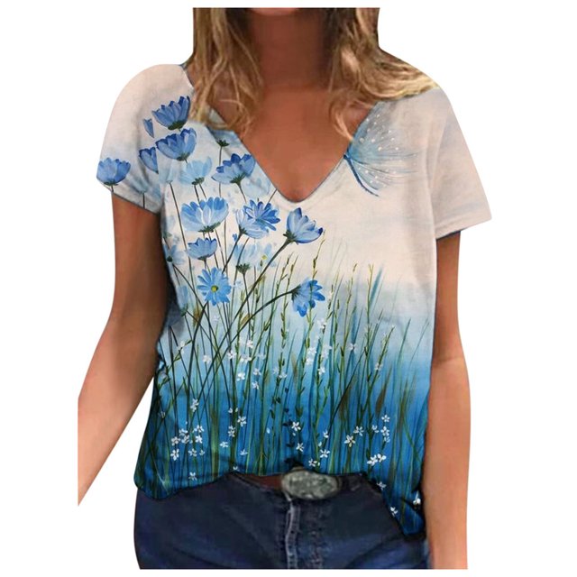 Moda Mujer Cuello en V Manga corta Impresión Jersey Blusas sueltas Tops Camiseta OAVQHLG3B Store lin121212