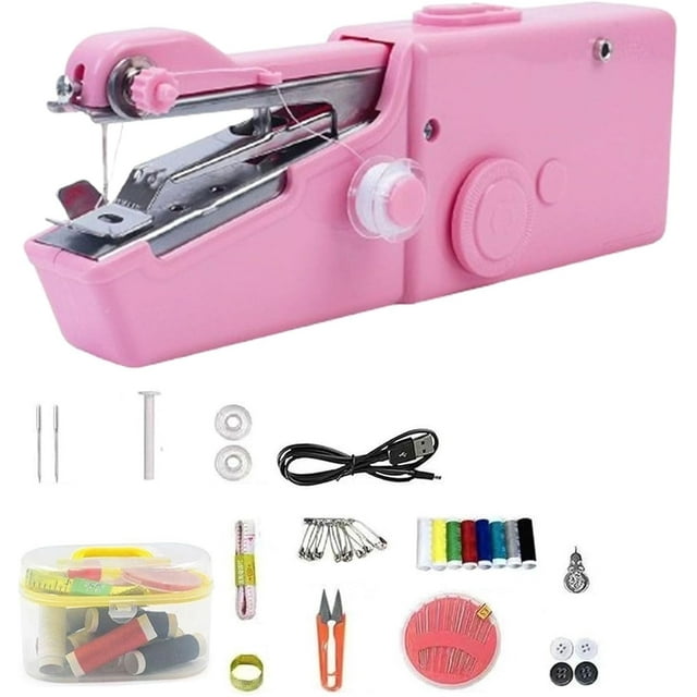 Pureutil Mini Machine à Coudre Portative à Main (Sans Fil, Portable et Prête à Coudre), kit de Couture à Main, Machine à Coudre Électrique pour Débutants et Adultes, Facile à Utiliser, Convient pour Coudre des Vêtements Bricolage (Rose)