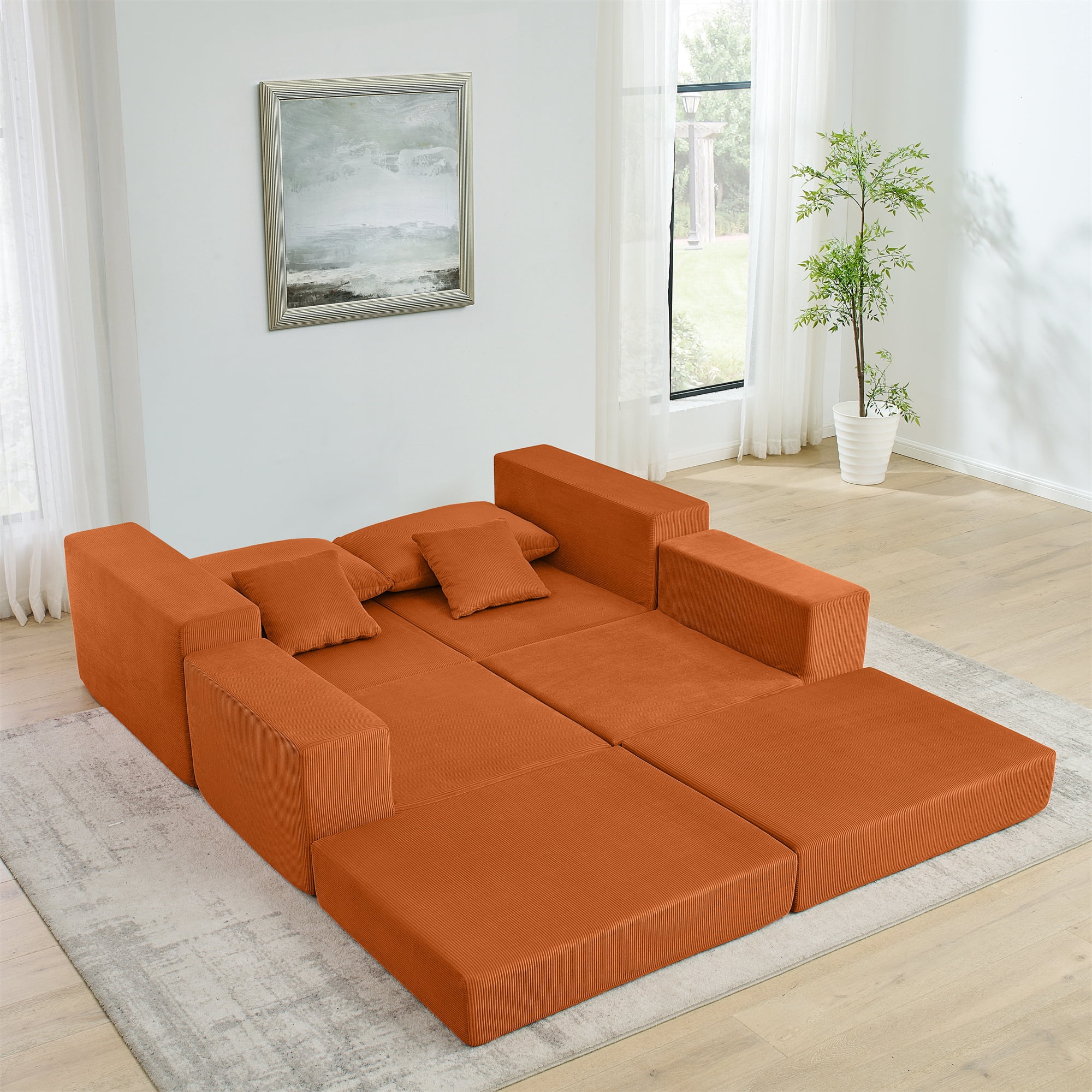 Miniyam No Assembly Sectional Sofa, Ready-to-Use Modular Cloud Couch, Corduroy Deep Seat with Ottoman and Pillows, Unbox and Relax, Orange