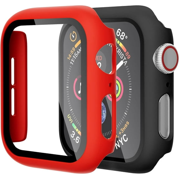 (2 Pack) KOMI Compatible with Apple Watch Case 41mm, Built-in Tempered Glass Screen Protector, Ultra-Thin Bumper Case Compatible for iWatch Series 7, Black/Red
