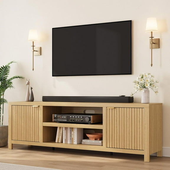 GarveeHome Fluted TV Stand for 80 Inch TV, Modern Entertainment Center with Storage, Media Console with Gold Handles & Fluted Doors, Natural Oak