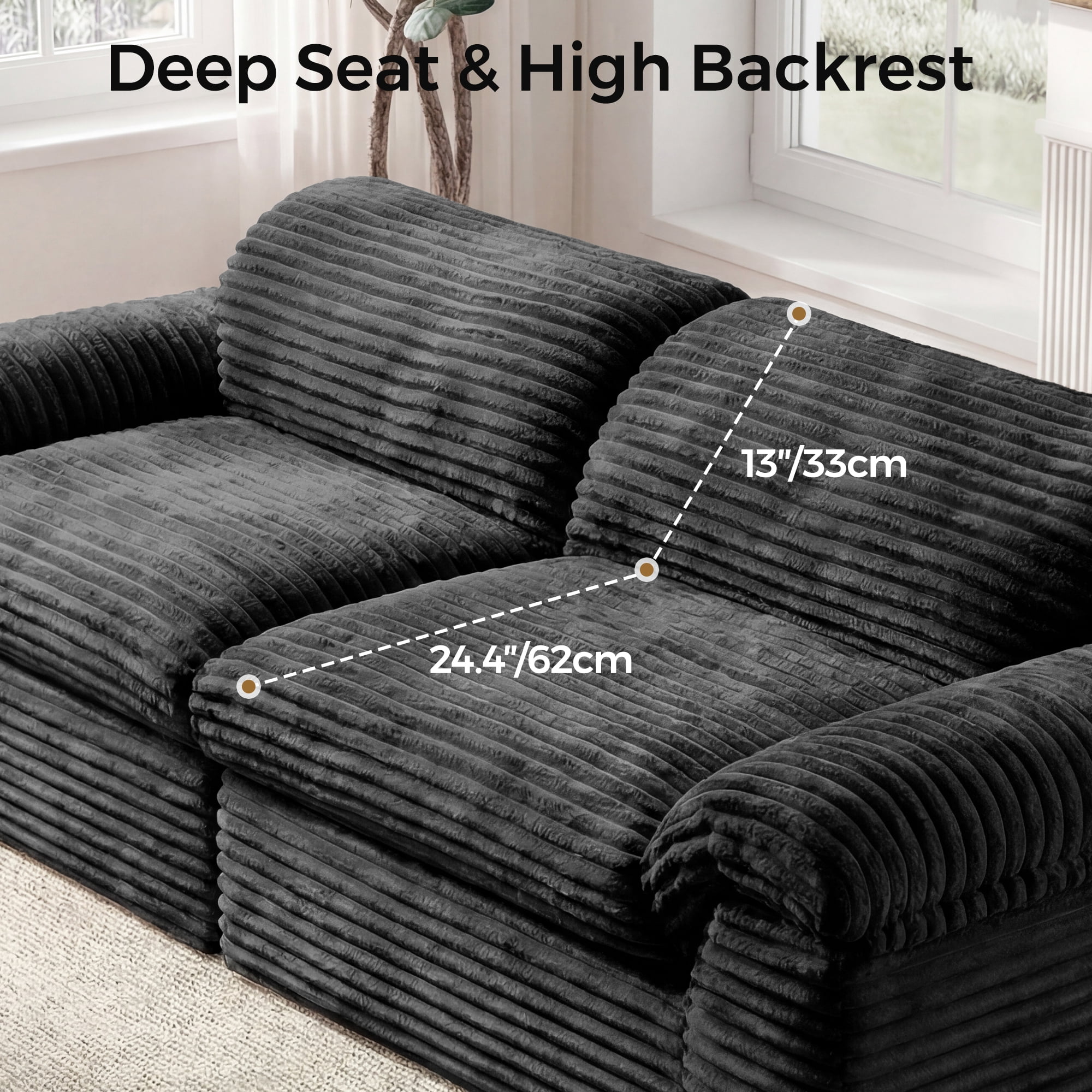Neche 114" Boneless Sofa Couch for Living Room, Deep Seat, Soft Corduroy Design, Dark Gray