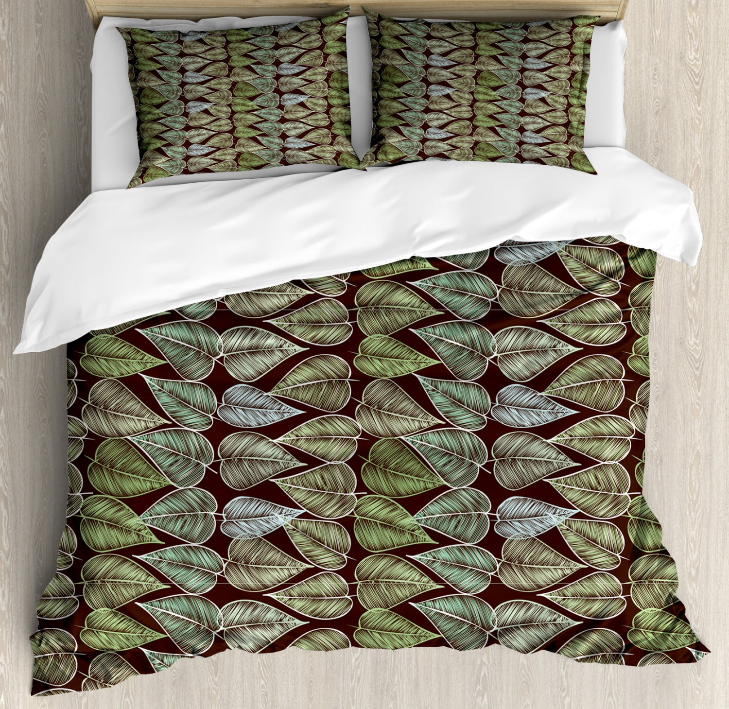 Green and Brown Duvet Cover Set, Hand Drawn Foliage Pattern with Leaves