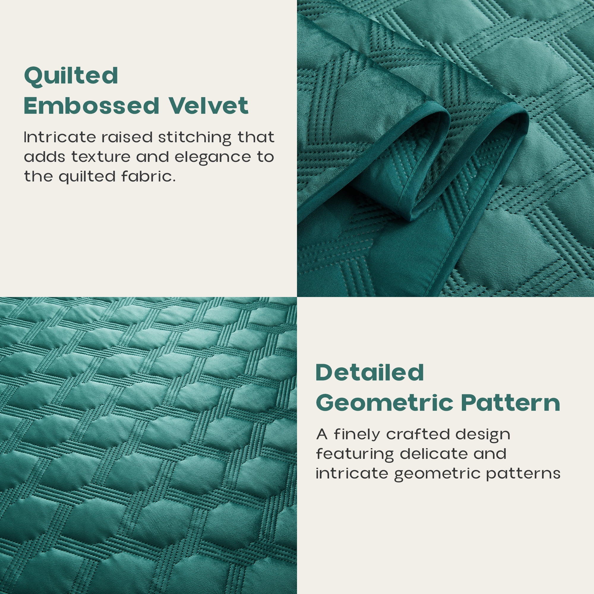 Ameha Velvet Quilt Set 3 Piece Geometric Ultrasonic Embossed Bedspread Reversible 350GSM Soft Microfiber Bedding Emerald Green Full/Queen