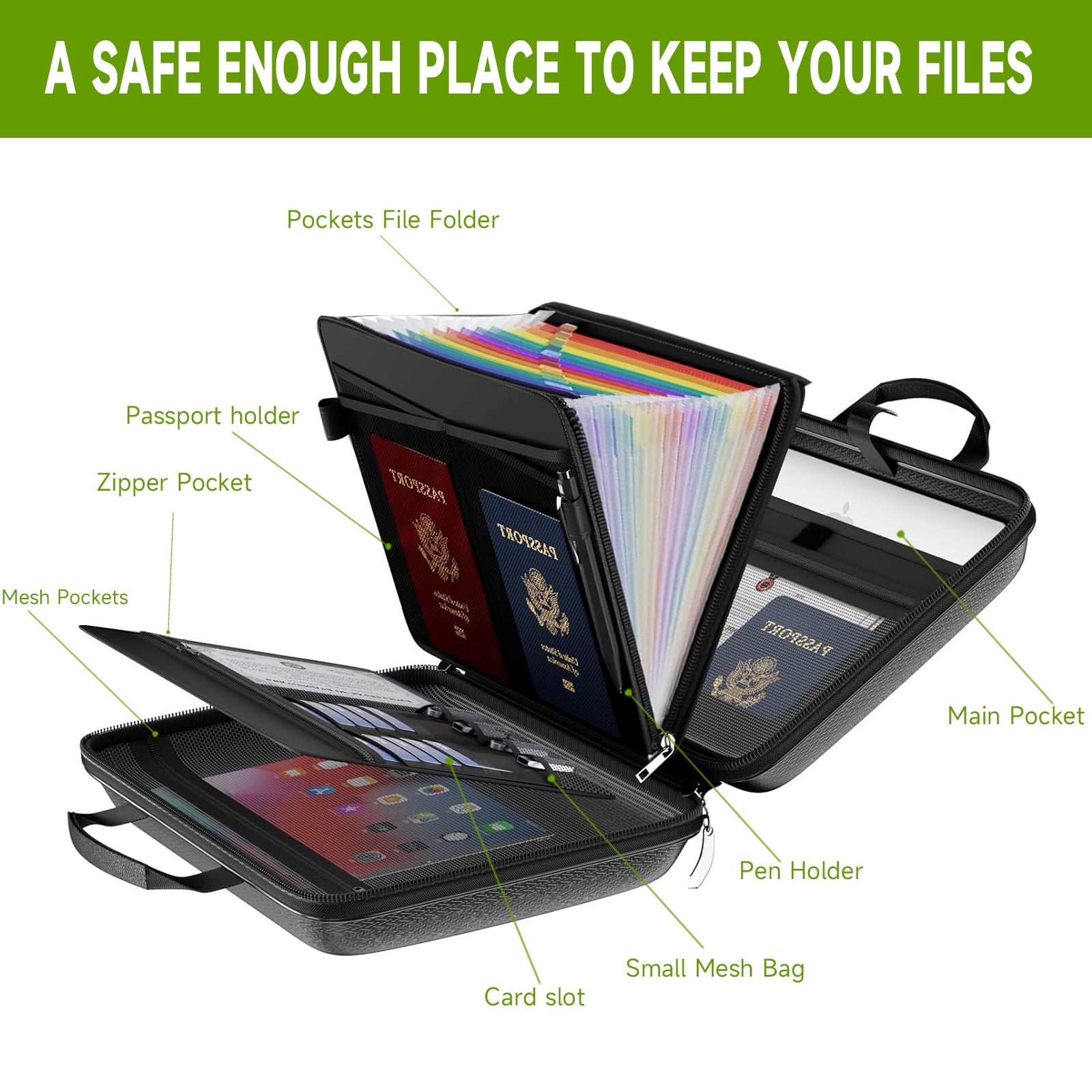 OUTGOO Fireproof File Organizer with Lock, Hard-Shell Case Fireproof Document Box with 13 Pocket Accordion File Folder, Portable Home Office Travel Safe Storage for Important Documents Laptop Black