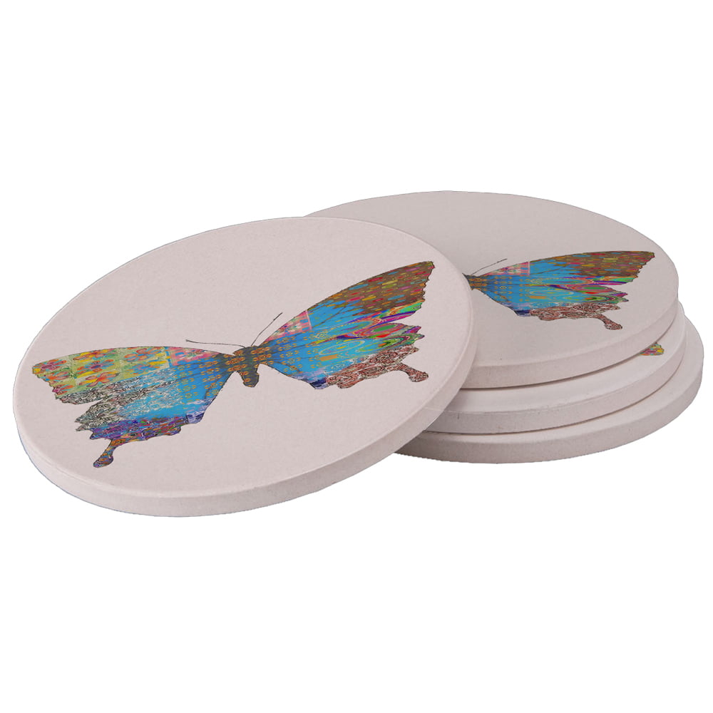 HANDMADE CERAMIC  BUTTERFLY DRINK COASTERS CORK BACKING SET OF 4 