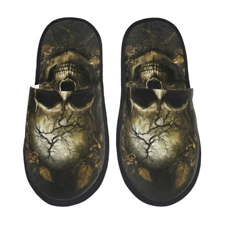 Balery Vintage Gold Leaf Skull Slient Indoor Furry Fleece Comfort House Shoes Soft Non-Slip Home Shoes Cotton slippers House Slippers-- Large