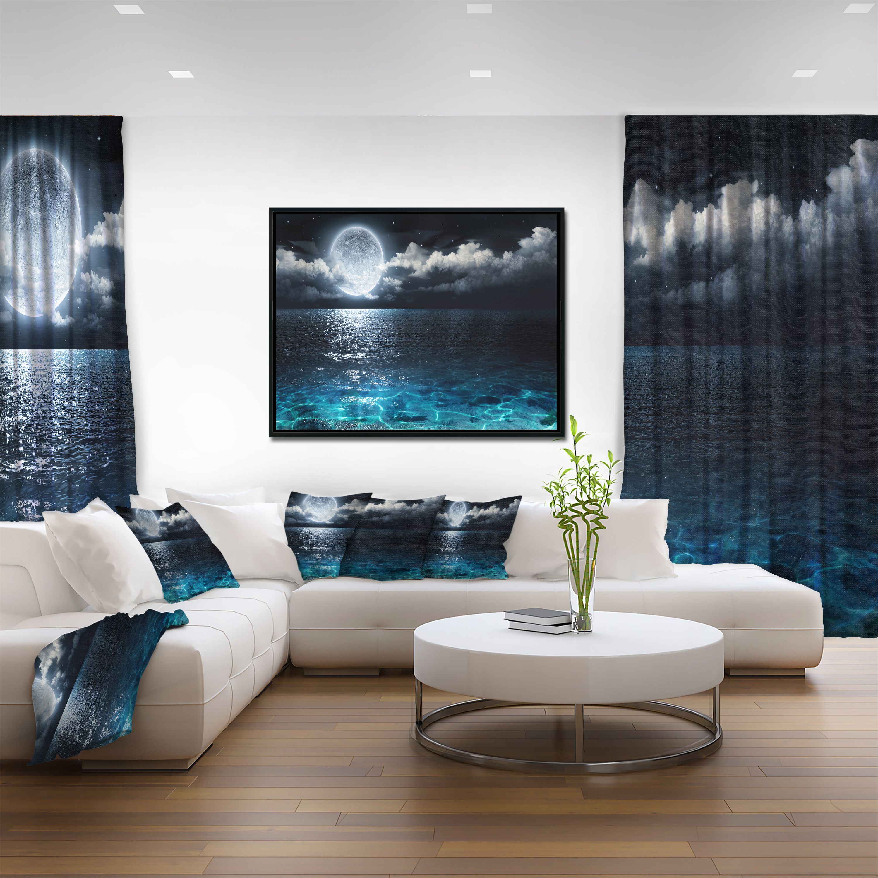 Designart ' Romantic Full Moon Over Sea ' Seascape Framed Canvas Art Print