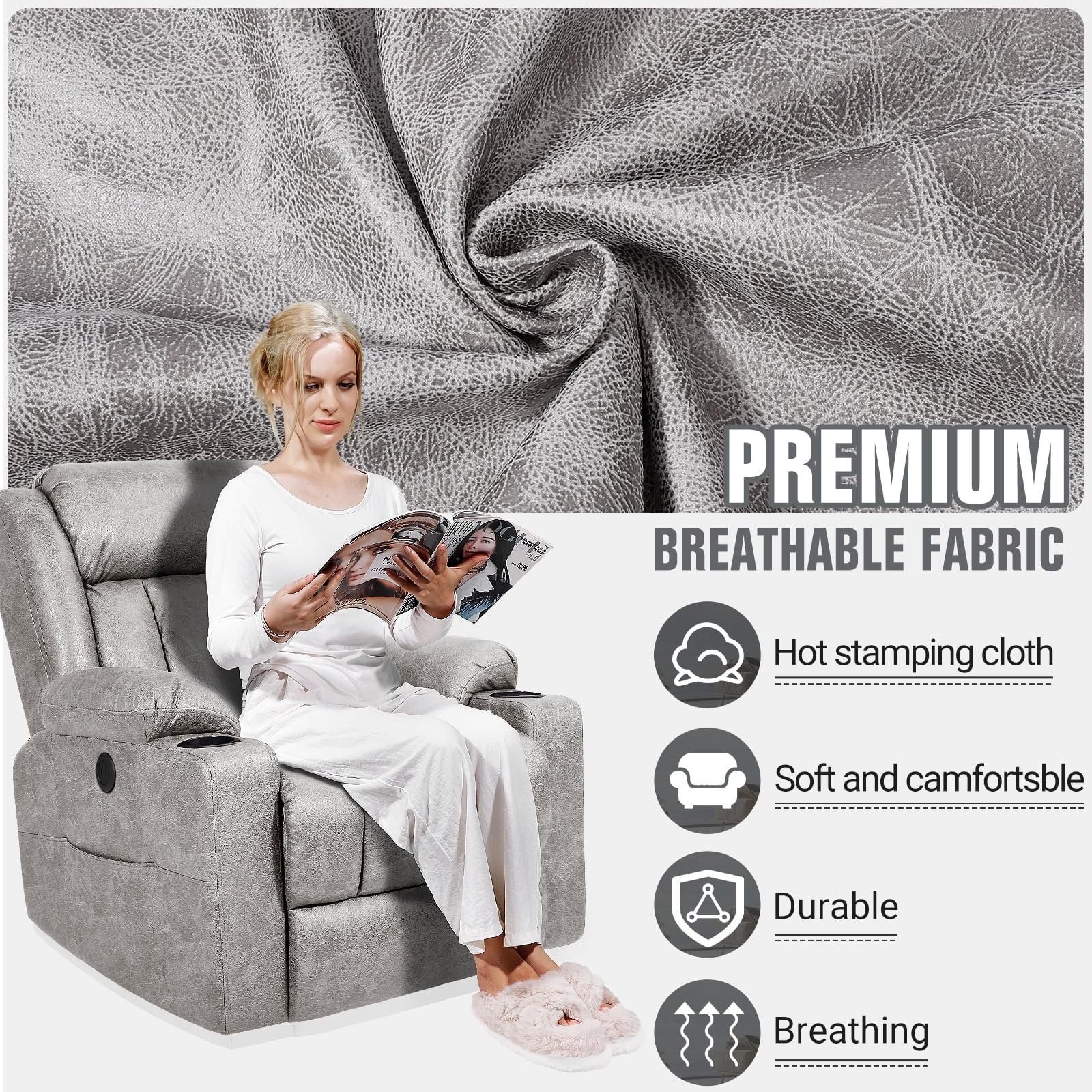 LAFWELL Rocking Recliner Chair - 360° Swivel with Vibration Massage & Heat, Grey - Ideal for Living Room, Bedroom, Nursery, RV