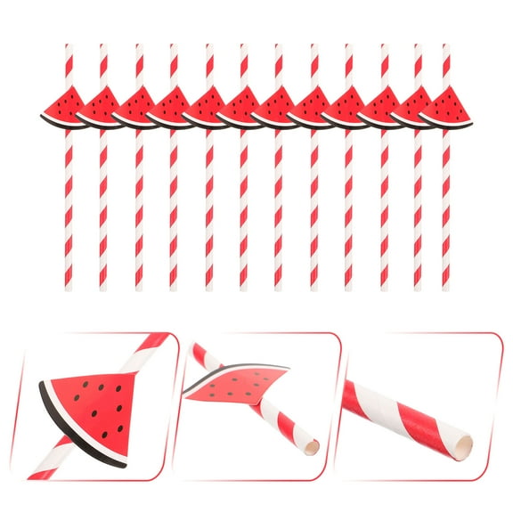 HONMEET 30Pcs Drinking Straws Cocktail Drink Red Watermelon Pattern Tropical Party Favor