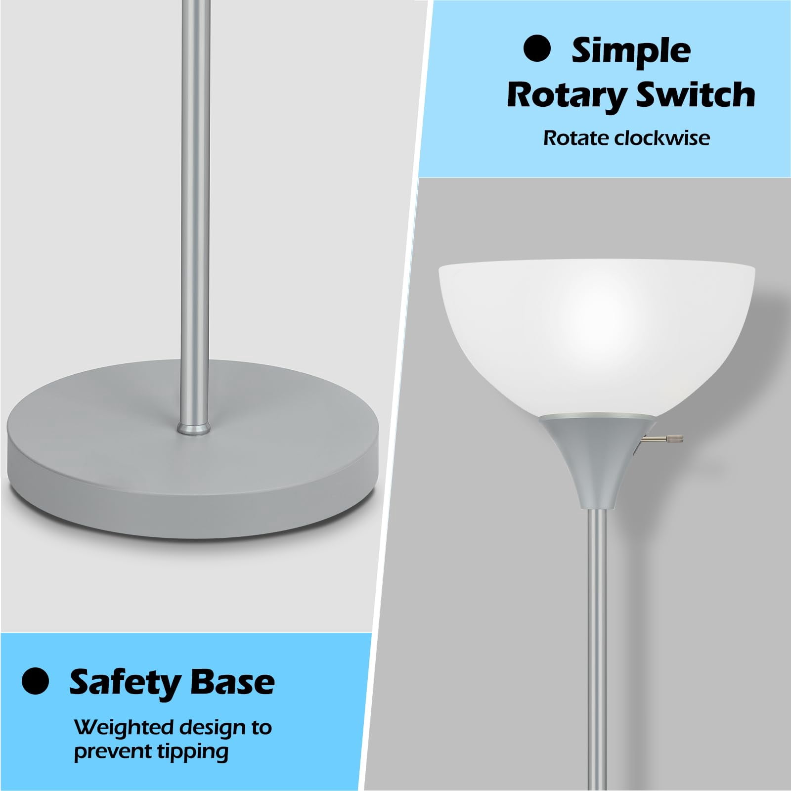 Silver Grey Floor Lamp with White Plastic Shade, Corner Light for Living Room Bedroom