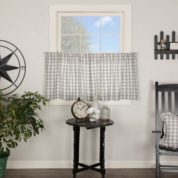VHC Brands Farmhouse Kitchen Window Curtains-Annie Buffalo Check White Lined Tier Pair, Set 24x36, Grey