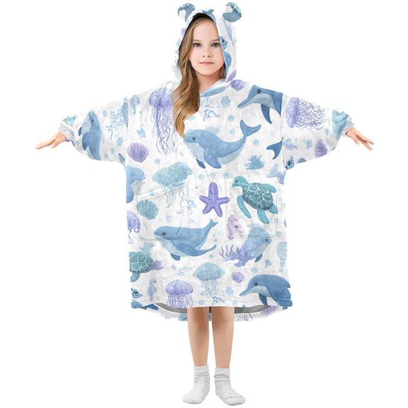 Kids Wearable Blanket Hoodie with 2 Pockets Cartoon Sea Animals Oversize Blankets Sweatshirt for Children Small