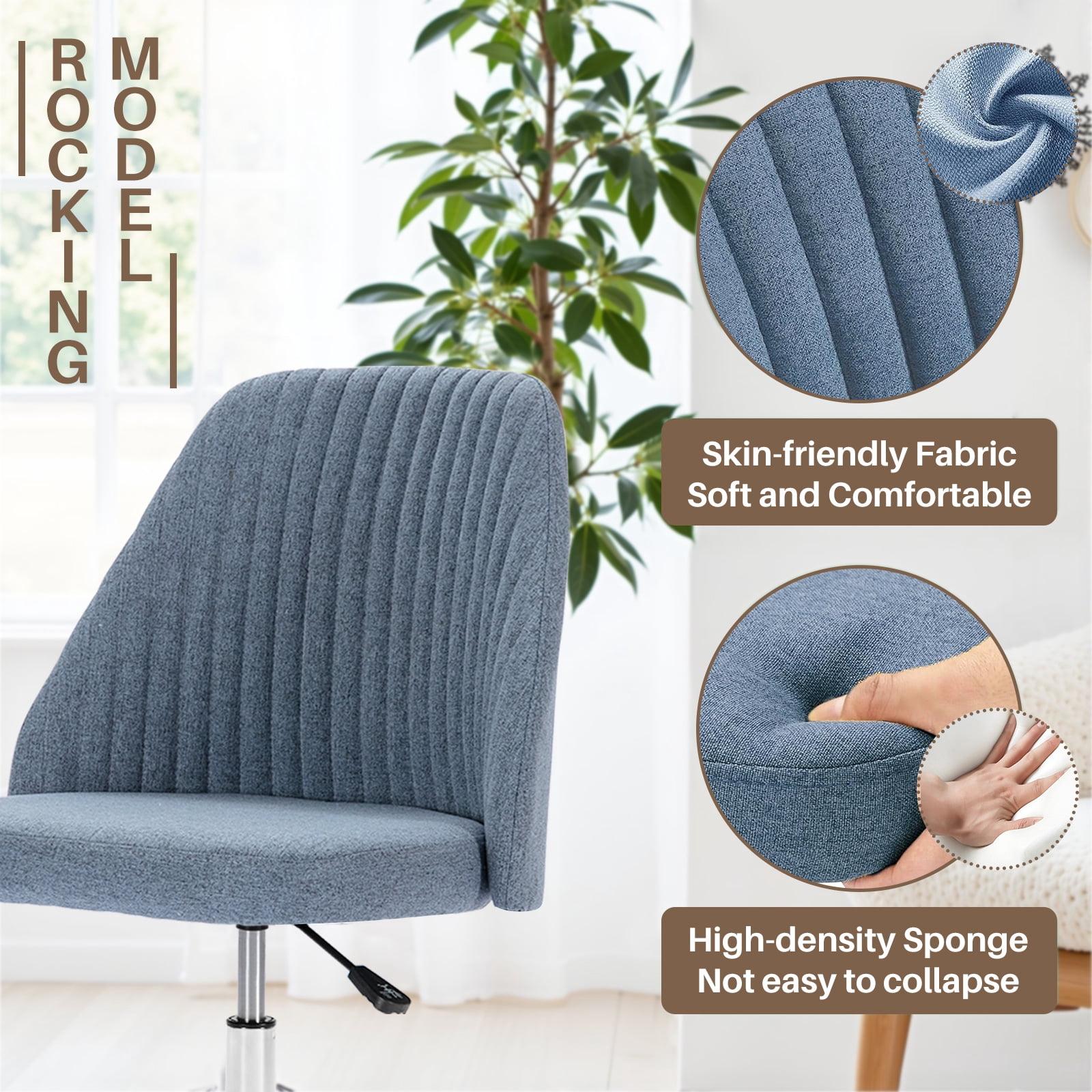 Colorful Linen Desk Chair, Comfy Thick Seat with Swivel Wheels, Armless Task Chair, Blue
