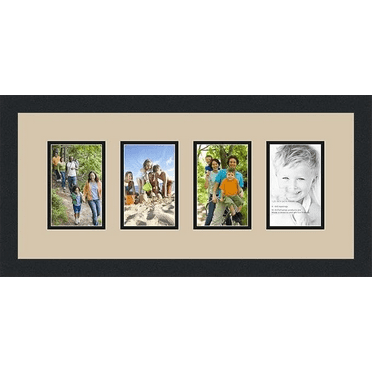 EnjinZZ Collage Photo Frame Double Mat with 4-4x6 Openings and Satin Black Frame