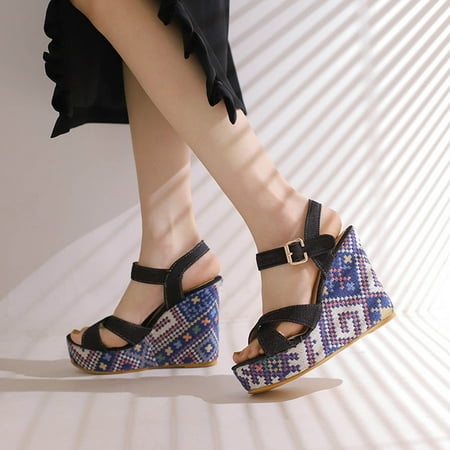 

Josdec Womens Shoes Clearance One-line With Thick Soles Ethnic Wind Peep-toe Wedge Heeled Sandals