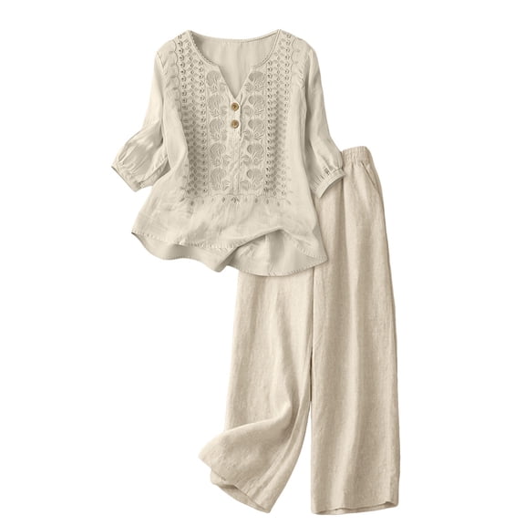 Soyumi Womens Two Piece Short Sets, Short Sleeve Top Wide Leg Pants Summer V Neck Travel Outfits Sweatsuits Sleeveless Lounge Sets TracksuitBeige